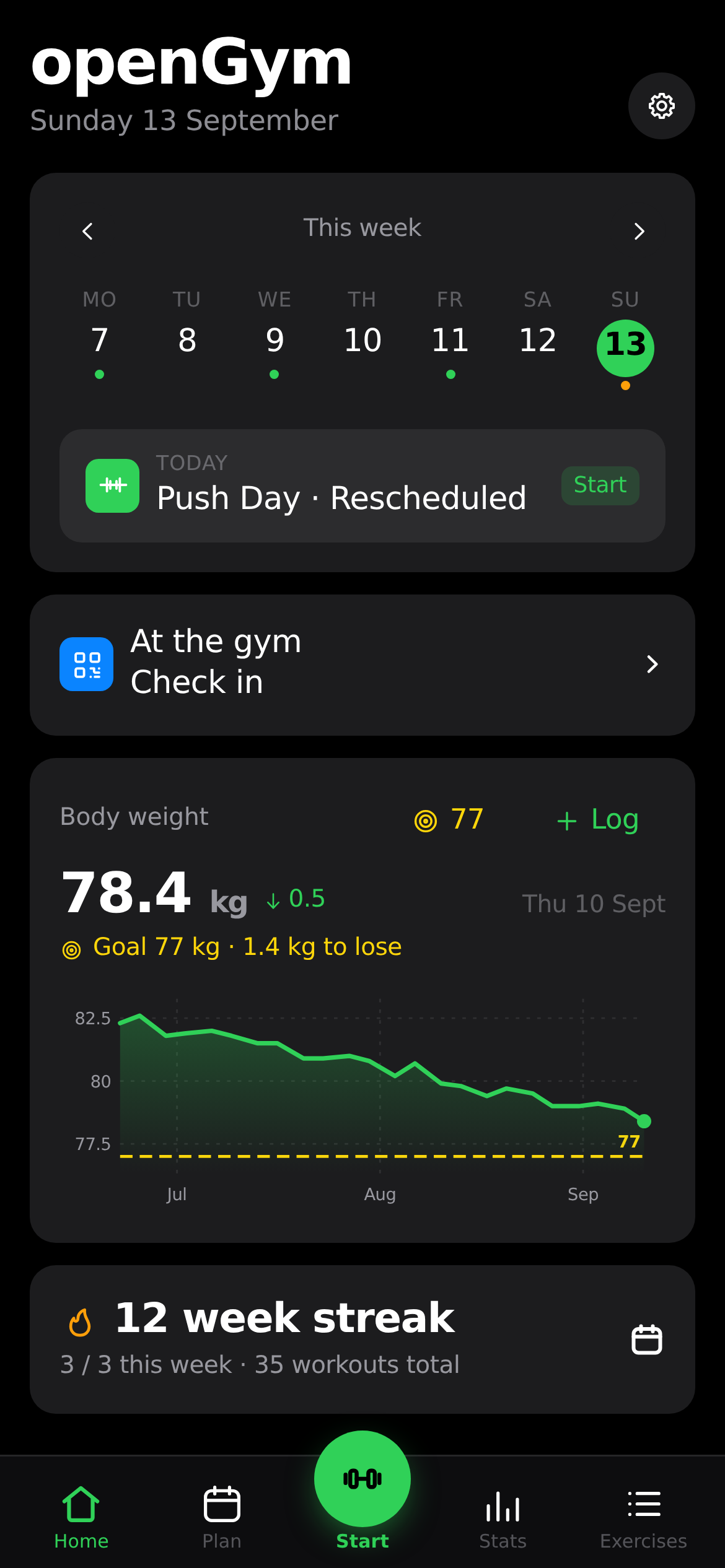 FitKruz home screen: the week at a glance, today's session and a body-weight chart