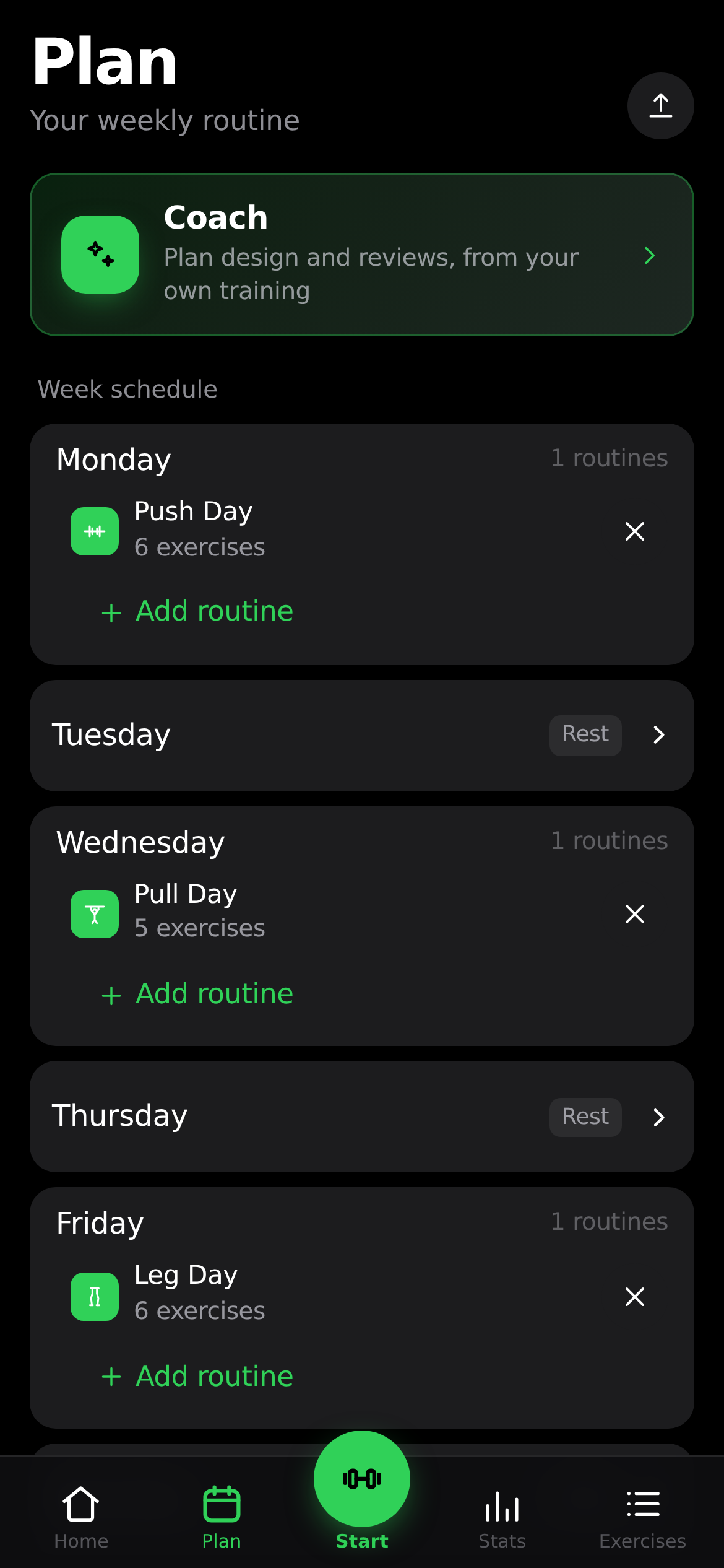 Weekly plan screen with a routine per weekday